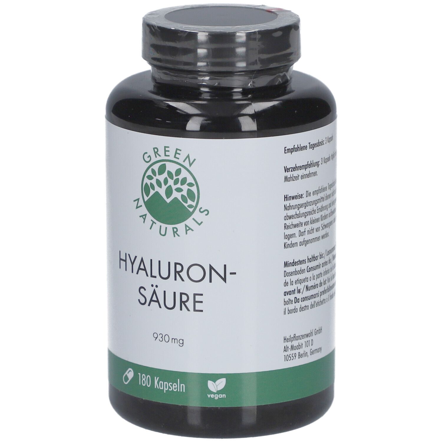Flacone nero con etichetta verde. Scritta: GREEN NATURALS Hyaluronsäure 930mg, 180 capsule, vegan.