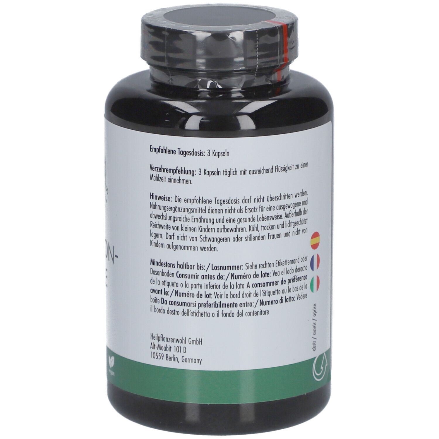 Retro del flacone nero. Etichetta con raccomandazioni e avvertenze. Testo in tedesco.