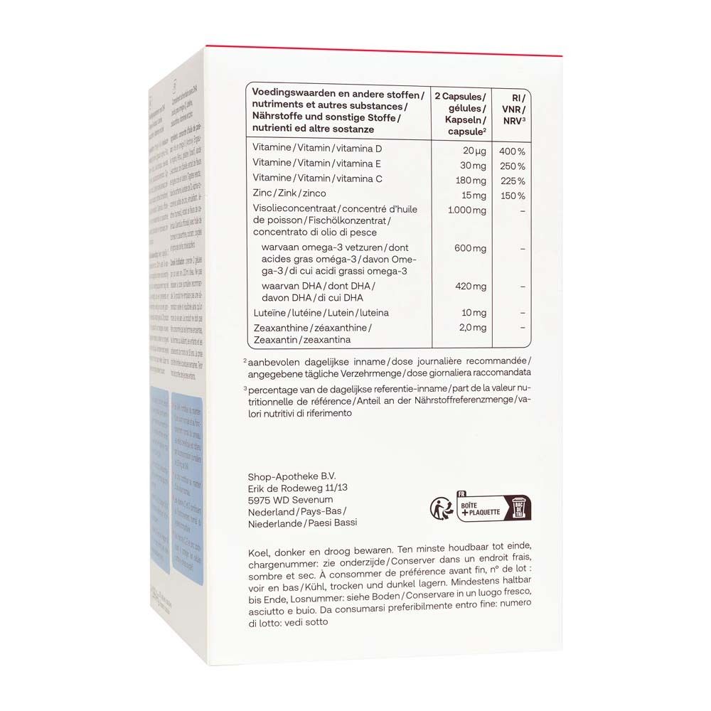 Dettaglio del retro della scatola Redcare Eye Vision 3. Tabella nutrizionale e consigli di conservazione.