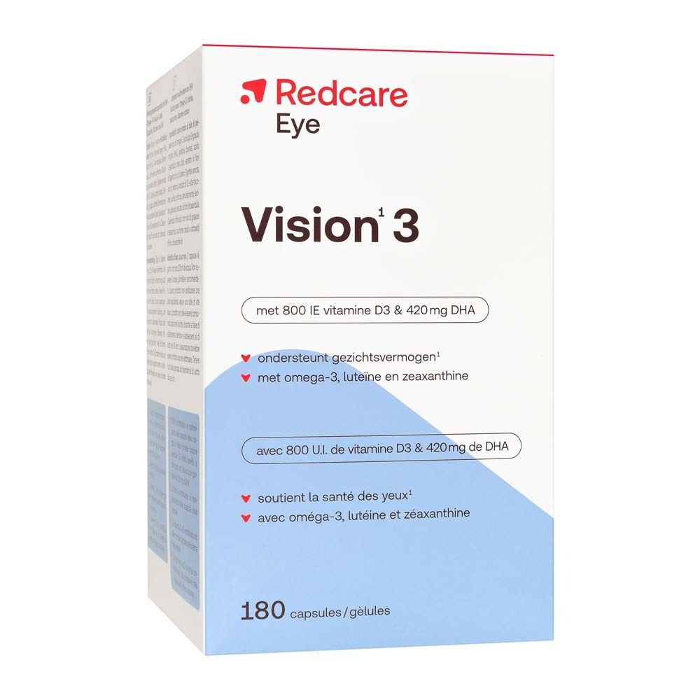 Scatola Redcare Eye Vision 3. Contiene 180 capsule. Scritta: Vision 3, con vitamina D3 & DHA.