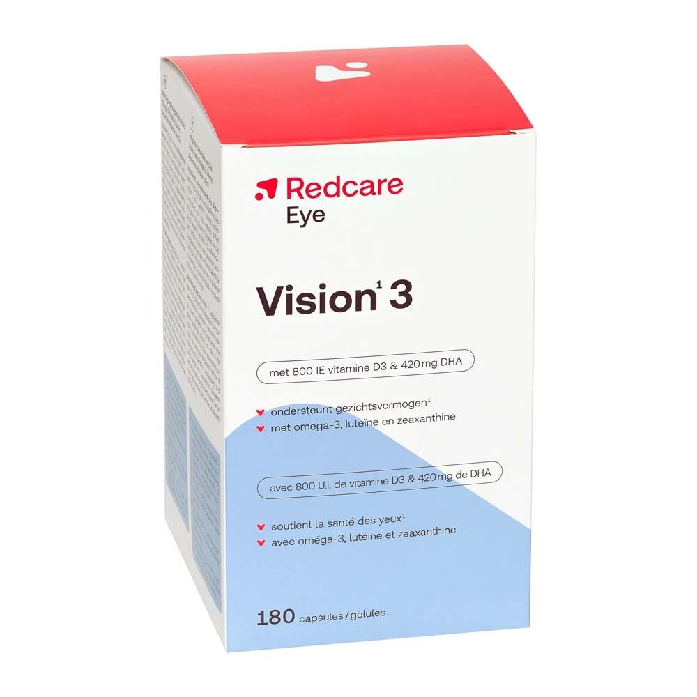 Scatola Redcare Eye Vision 3. Contiene 180 capsule. Scritta: Vision 3, con vitamina D3 & DHA.