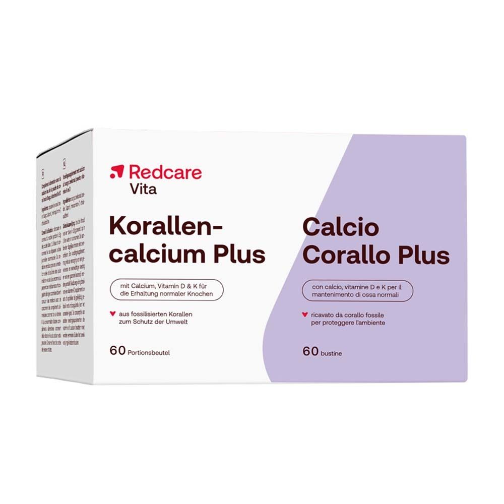 Scatola di Redcare Vita Korallencalcium Plus. Contiene 60 porzioni. Con calcio, vitamina D & K per le ossa.