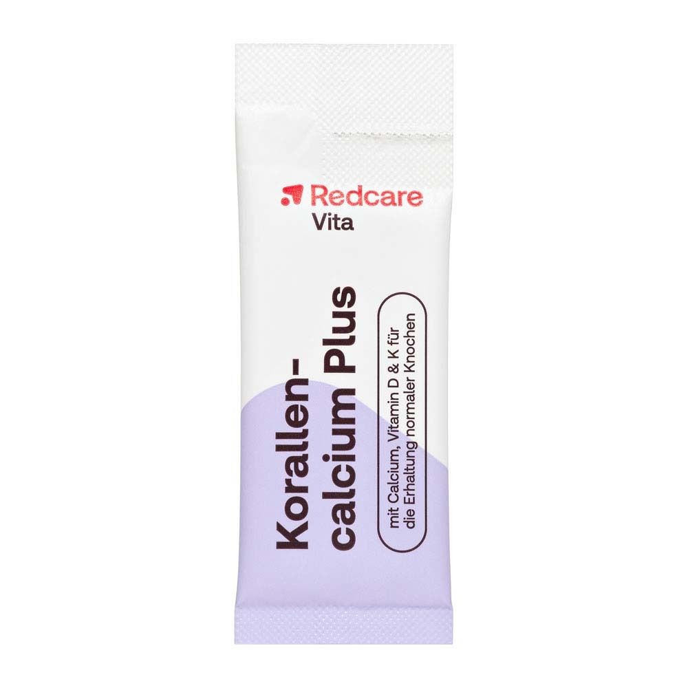 Singola bustina di Redcare Vita Korallencalcium Plus. Scritta: Calcio, Vitamina D & K.