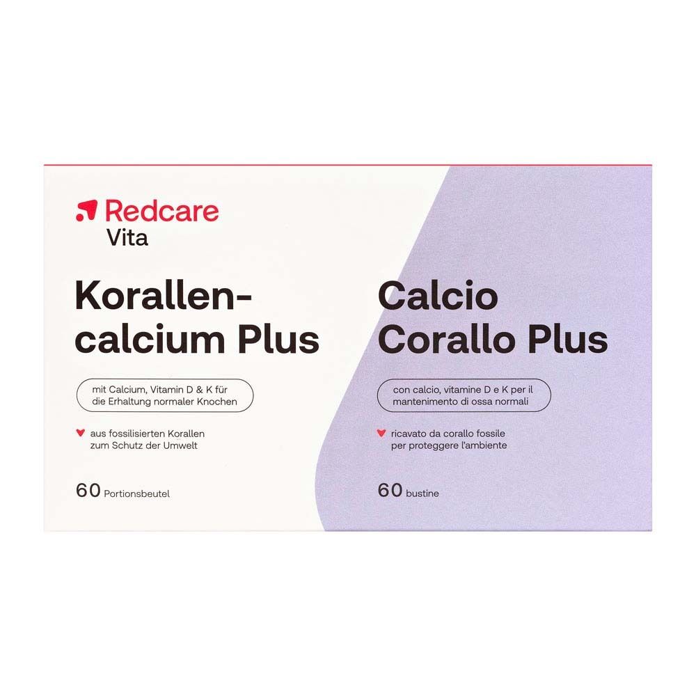 Confezione di Redcare Vita Korallencalcium Plus. Contiene 60 bustine. Scritta: Calcio, Vitamina D & K.