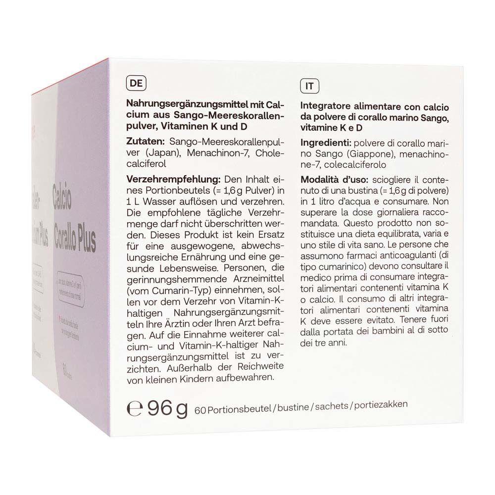 Retro della confezione con informazioni su Redcare Vita Korallencalcium Plus. Testo in tedesco e italiano.