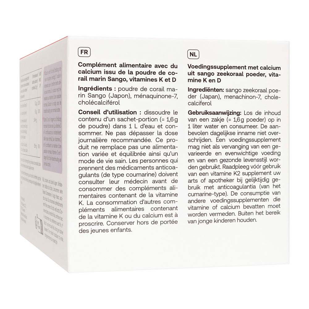 Retro della confezione con informazioni su Redcare Vita Korallencalcium Plus. Testo in francese e olandese.