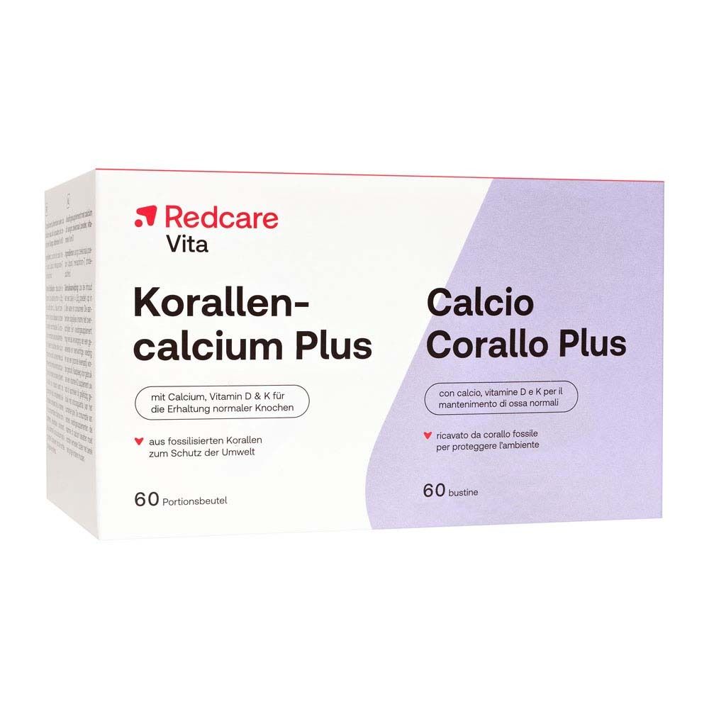 Confezione di Redcare Vita Korallencalcium Plus. Contiene 60 bustine. Scritta: Calcio, Vitamina D & K.