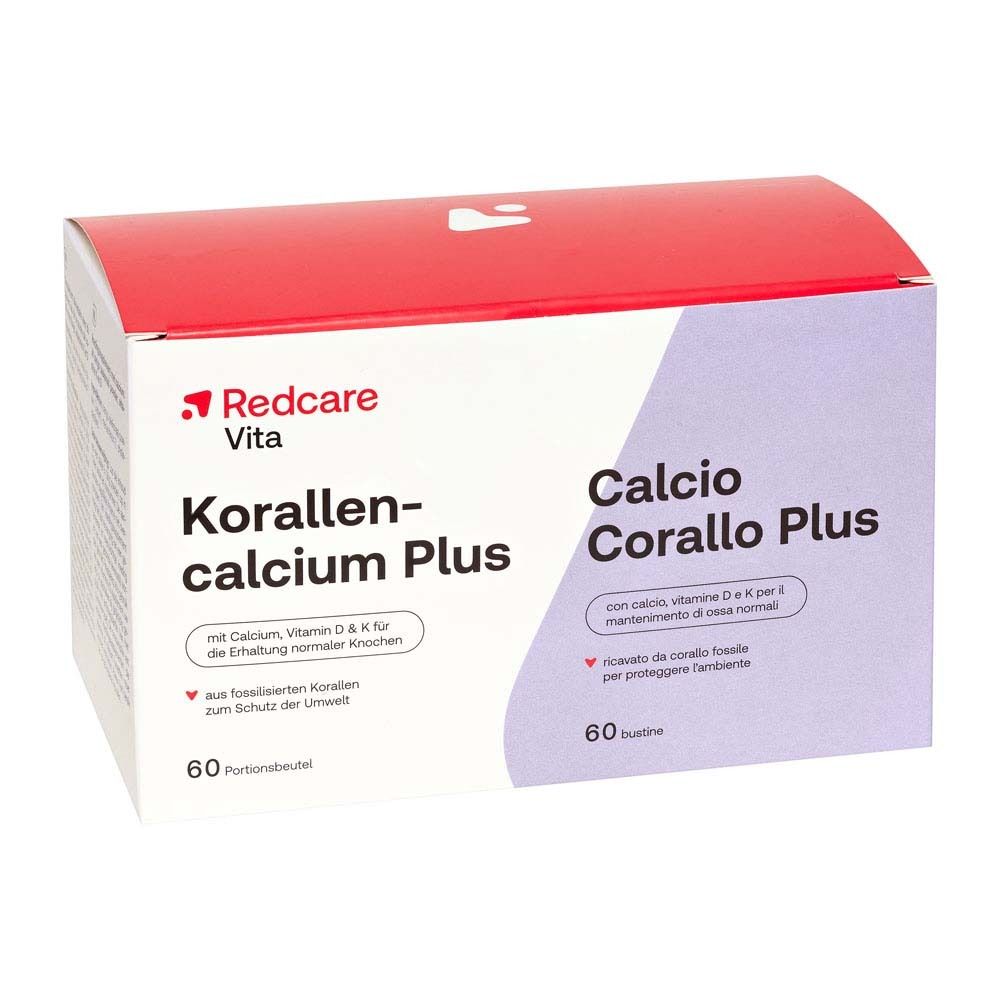 Confezione di Redcare Vita Korallencalcium Plus. Contiene 60 bustine. Scritta: Calcio, Vitamina D & K.