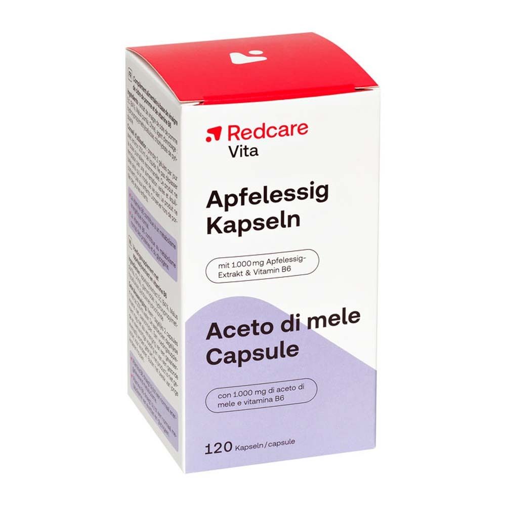 Confezione di capsule. Scritta: Redcare Vita Apfelessig Kapseln, Aceto di mele Capsule, 120 capsule.