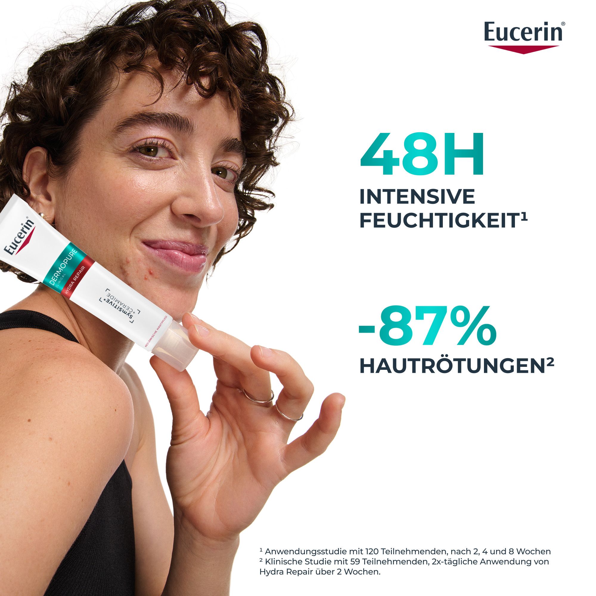 Donna con crema Eucerin Dermopure Hydra Repair: idratazione intensa 48h, -87% rossori.