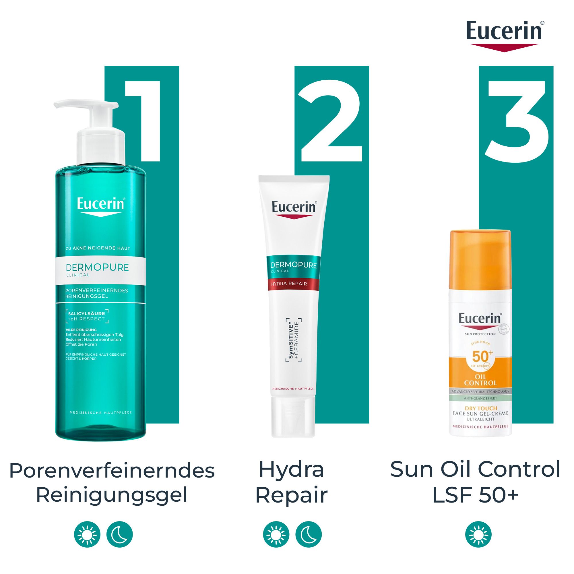Routine Eucerin Dermopure: gel detergente, crema Hydra Repair, Sun Oil Control SPF 50+.