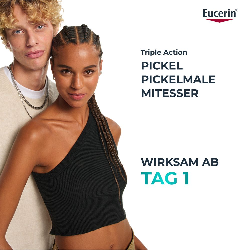 Giovane donna e uomo con problemi di pelle. Eucerin Dermopure Clinical Triple Action agisce dal giorno 1 contro brufoli, punti neri e macchie.