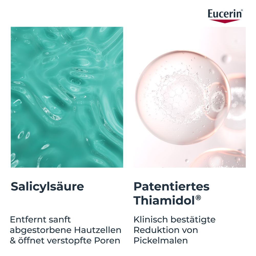 Rappresentazione astratta di acido salicilico e Thiamidol brevettato nei prodotti Eucerin Dermopure.
