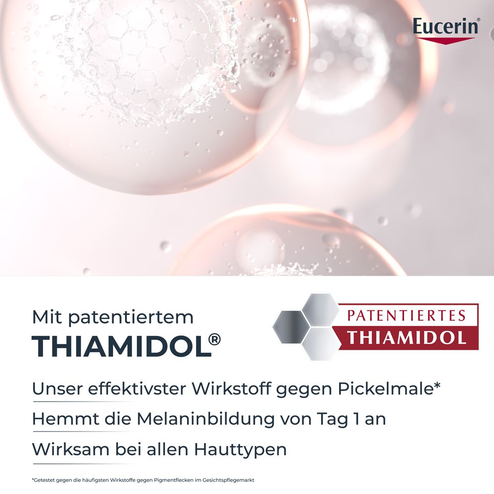 Thiamidol brevettato: l'ingrediente Eucerin più efficace contro le macchie post-acne. Inibisce la melanina dal giorno 1.