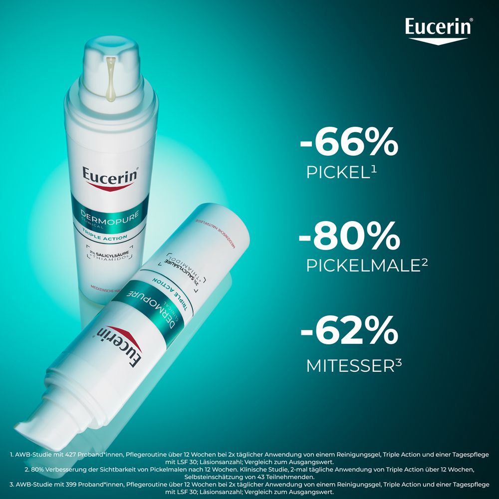 Siero Eucerin Dermopure Clinical Triple Action: riduce brufoli (-66%), macchie (-80%) e punti neri (-62%).