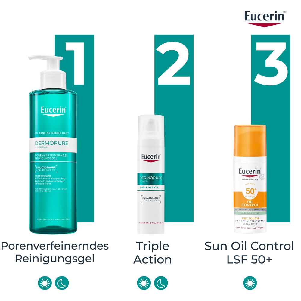 Routine Eucerin Dermopure: Gel detergente, siero Triple Action e Sun Oil Control SPF 50+.