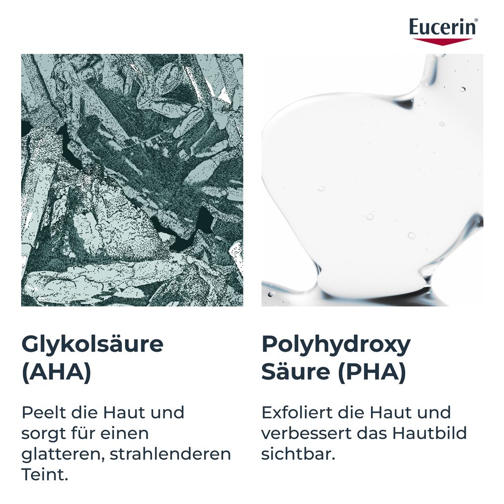 Eucerin: Acido glicolico (AHA) come cristalli, esfolia la pelle per un incarnato più liscio.
