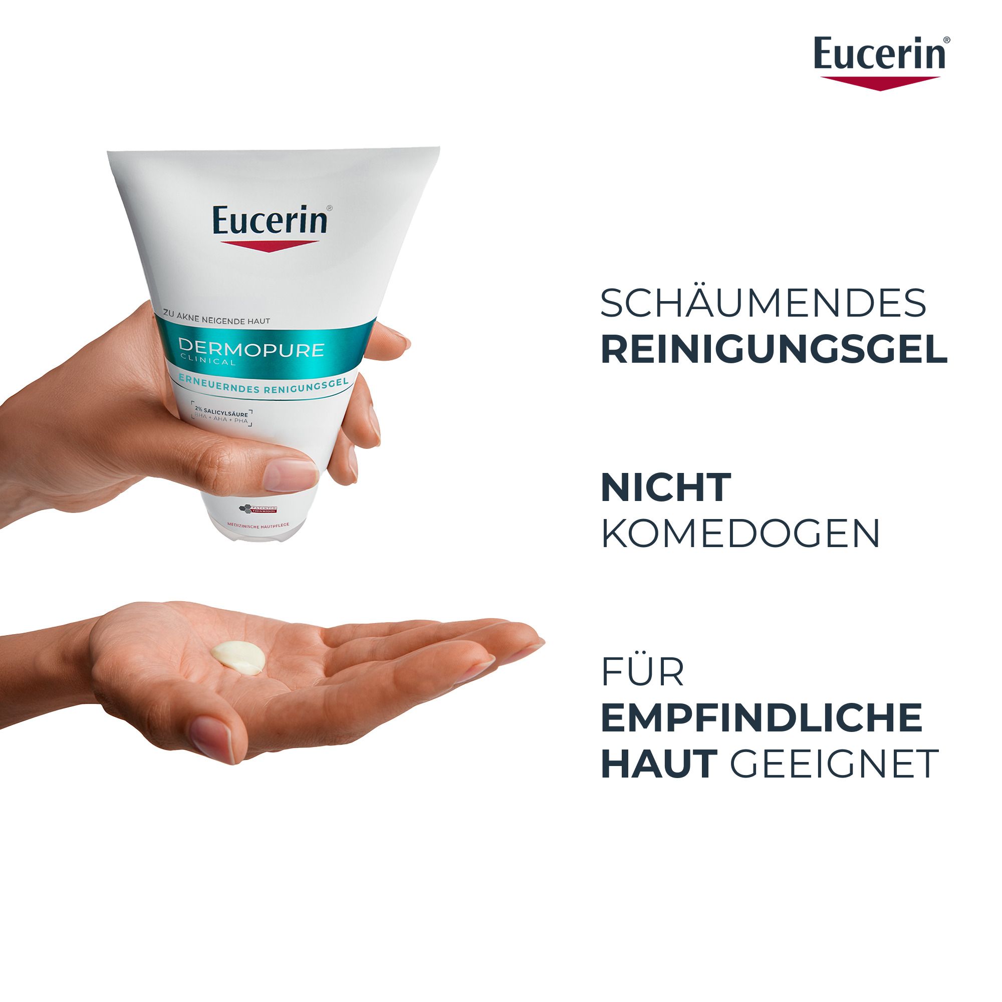 Mano che tiene il Gel Detergente Rinnovatore Eucerin Dermopure Clinical. Una piccola quantità di gel nell'altra mano.