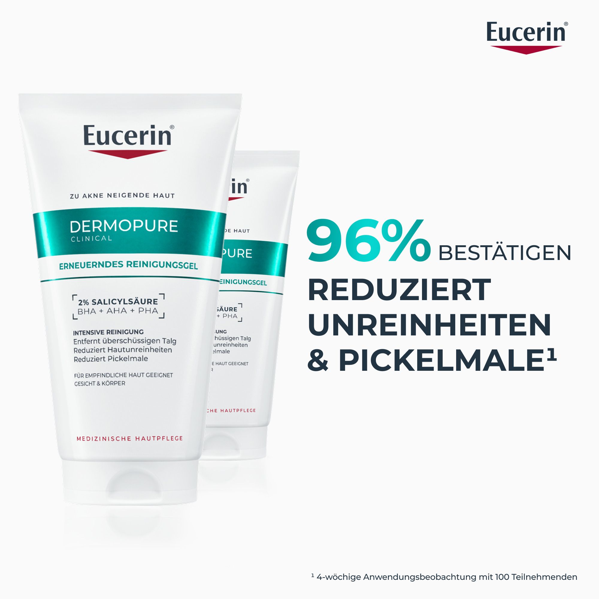 Due tubi di Gel Detergente Rinnovatore Eucerin Dermopure Clinical. Il 96% conferma la riduzione di imperfezioni e macchie post-acne.