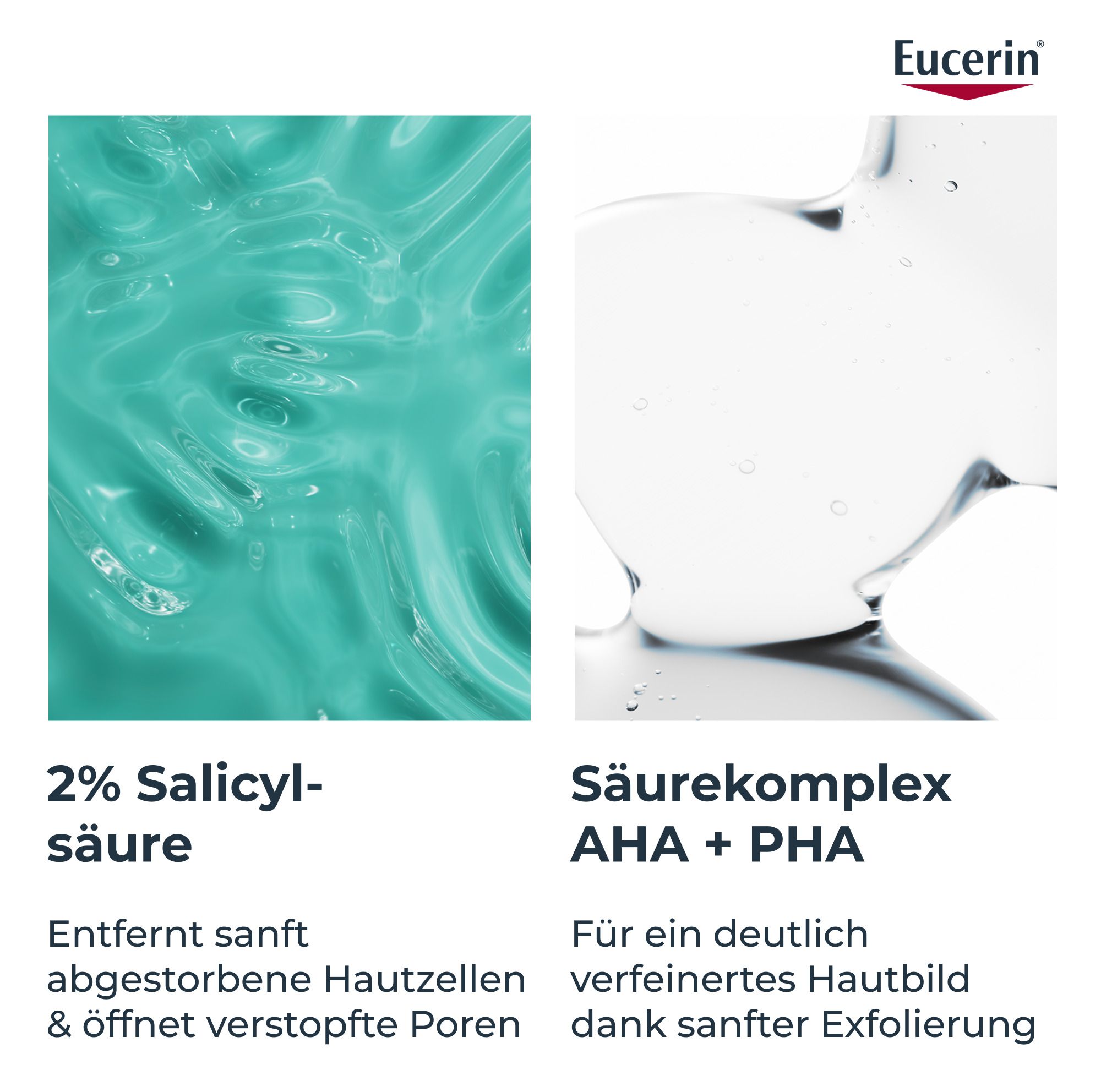 Primo piano di texture gel: 2% acido salicilico esfolia, complesso AHA+PHA affina la pelle.