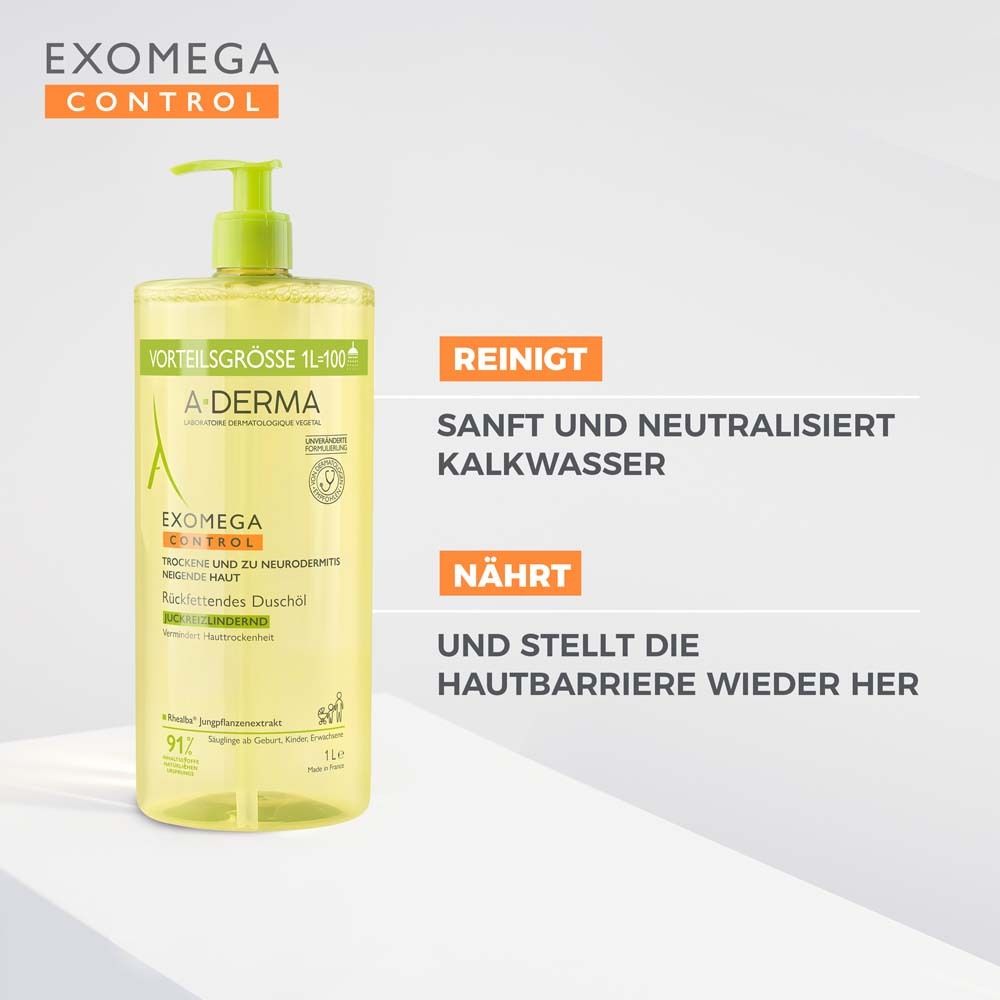 Olio detergente A-Derma Exomega Control in flacone da 1L con dispenser. Liquido giallo.