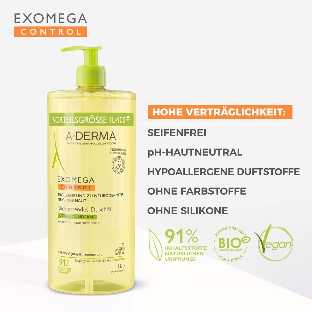 Olio lavante A-Derma Exomega Control, flacone da 1L con dosatore. Senza sapone, pH neutro, ipoallergenico.