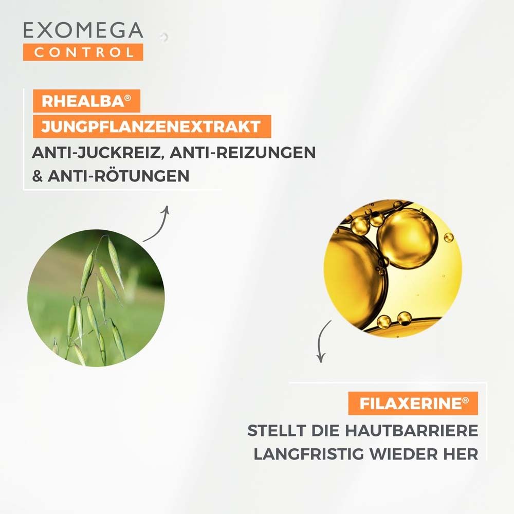 EXOMEGA CONTROL: Estratto di piantina, RHEALBA®, anti-prurito, anti-irritazioni e anti-rossori. Barriera cutanea con FILAXERINE®.