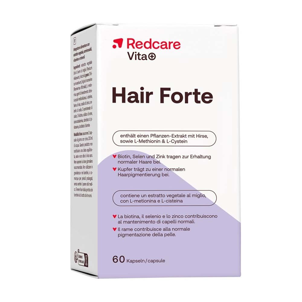 Scatola bianca con coperchio rosso. Scritta: Redcare Vita+ Hair Forte. Contiene 60 capsule.