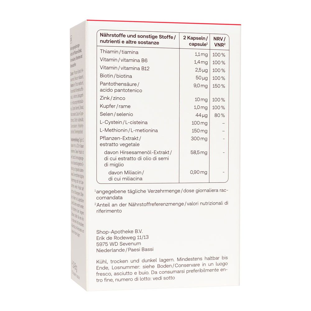 Retro della confezione Redcare Vita+ Hair Forte. Contiene informazioni nutrizionali e ingredienti.
