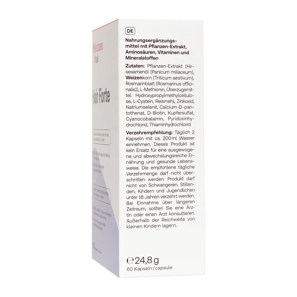 Lato della confezione Redcare Vita+ Hair Forte. Contiene informazioni in tedesco.