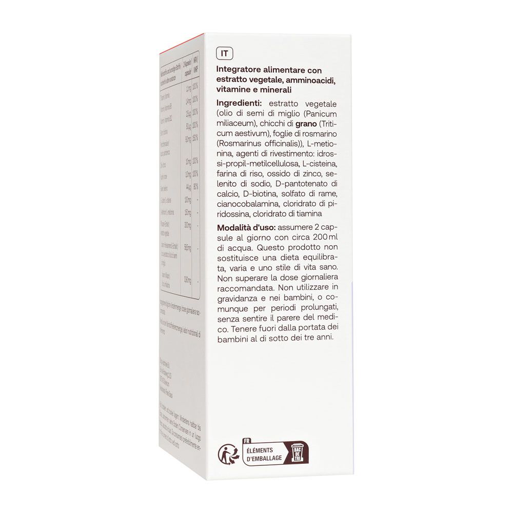 Lato della confezione Redcare Vita+ Hair Forte. Contiene informazioni in italiano.