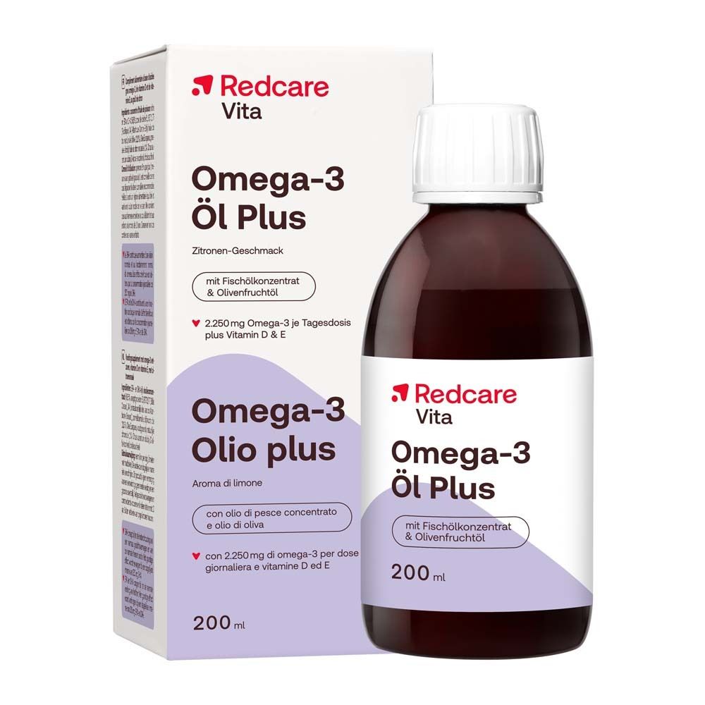 Flacone di olio Omega-3 Plus. Sulla confezione: Redcare Vita, Omega-3 Öl Plus, gusto limone.
