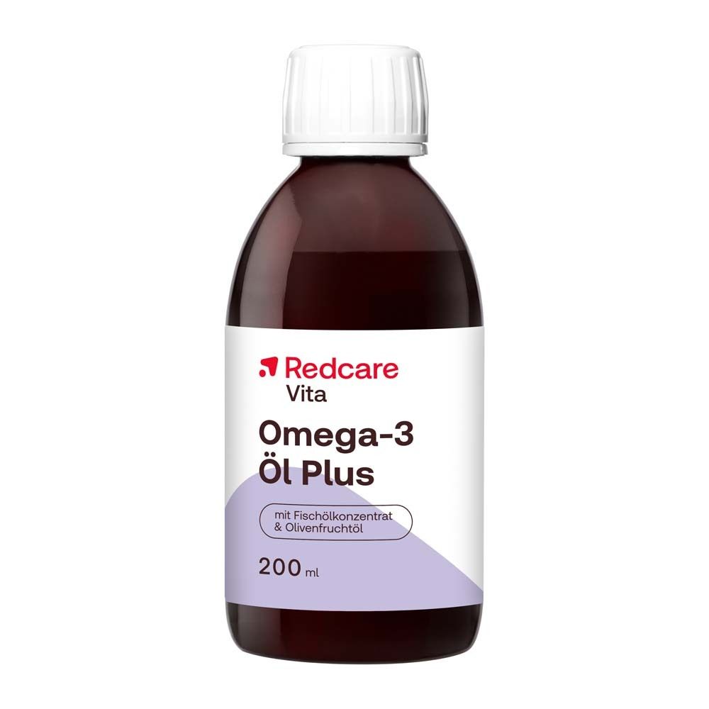Flacone di olio Omega-3 Plus. Sull'etichetta: Redcare Vita, Omega-3 Öl Plus, con concentrato di olio di pesce.