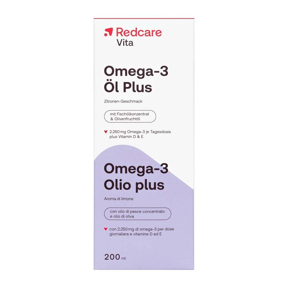 Confezione Omega-3 Öl Plus. Sulla confezione: Redcare Vita, Omega-3 Öl Plus, gusto limone.
