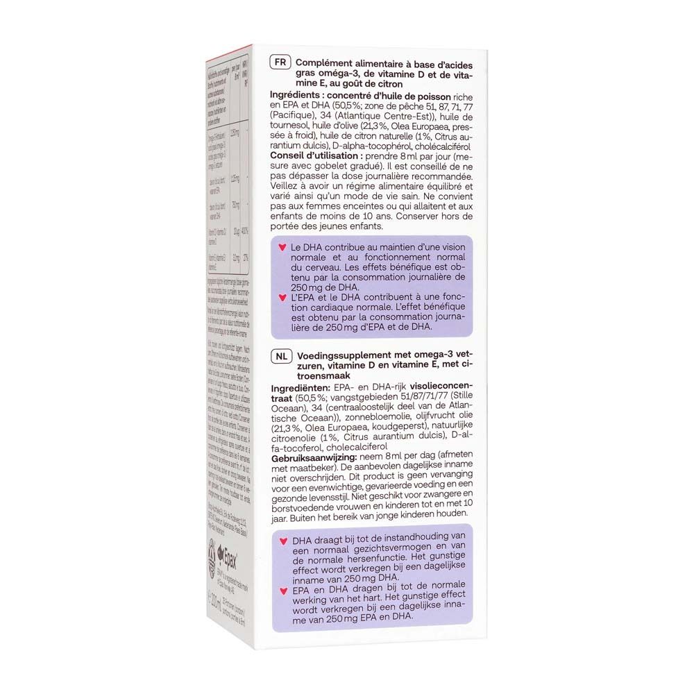 Retro della confezione Omega-3 Öl Plus. Testo in francese e olandese. Contiene il logo EPAX.