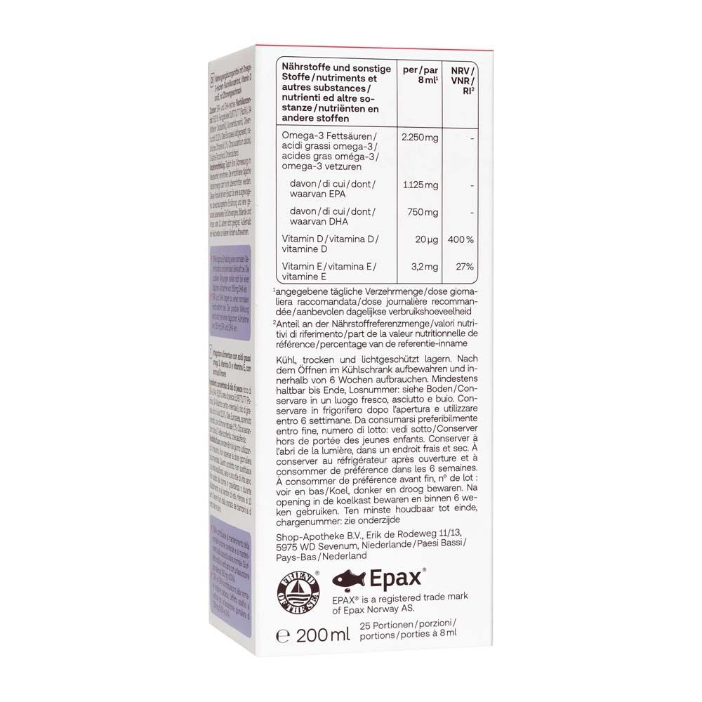 Retro della confezione Omega-3 Öl Plus. Contiene informazioni nutrizionali e il logo EPAX.