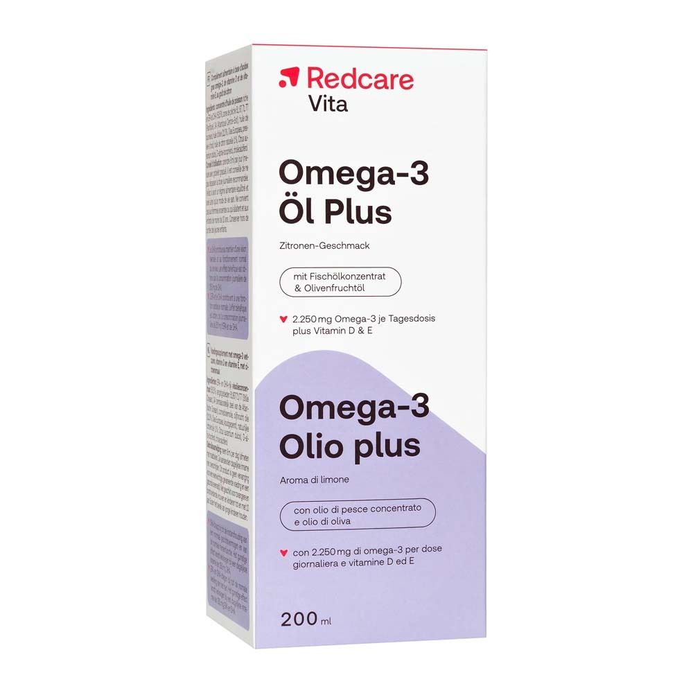 Confezione Omega-3 Öl Plus. Sulla confezione: Redcare Vita, Omega-3 Öl Plus, gusto limone.
