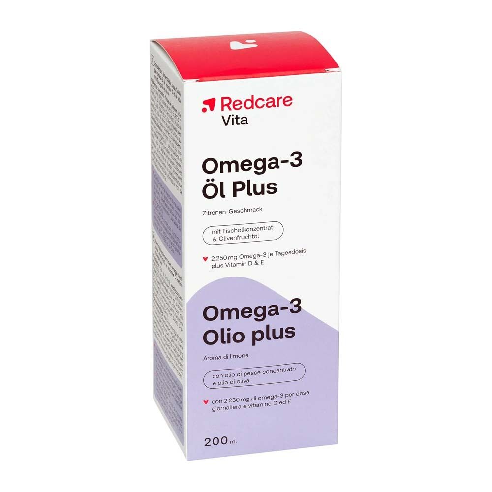 Confezione Omega-3 Öl Plus. Sulla confezione: Redcare Vita, Omega-3 Öl Plus, gusto limone.