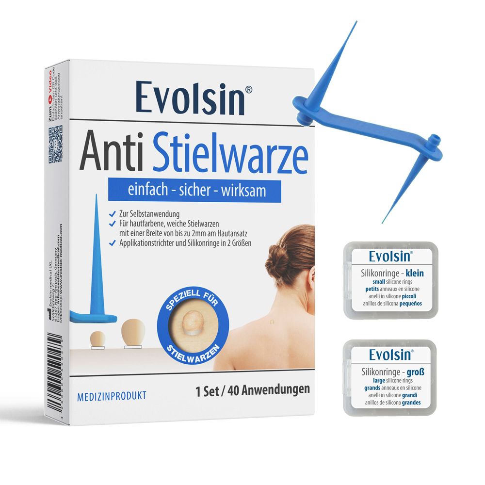 Confezione Evolsin Anti Stielwarze. Contiene applicatore e anelli in silicone. Dispositivo medico.