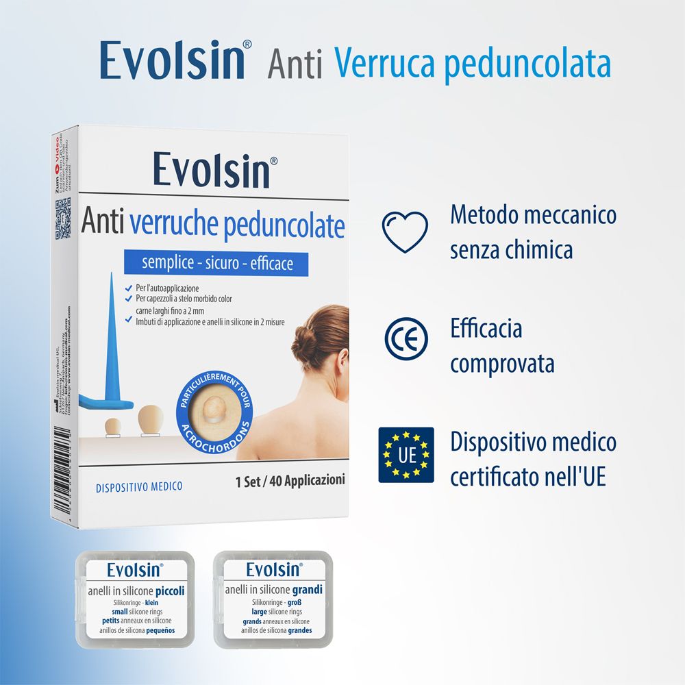 Evolsin Anti verruca peduncolata: Passaggi di applicazione con tecnologia ad anello in silicone.