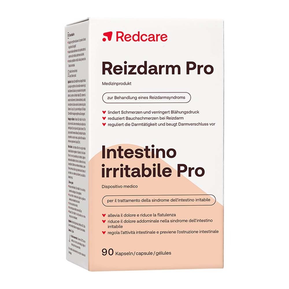 Scatola bianca e rossa. Scritto: Redcare Reizdarm Pro, Intestino irritabile Pro. 90 capsule.