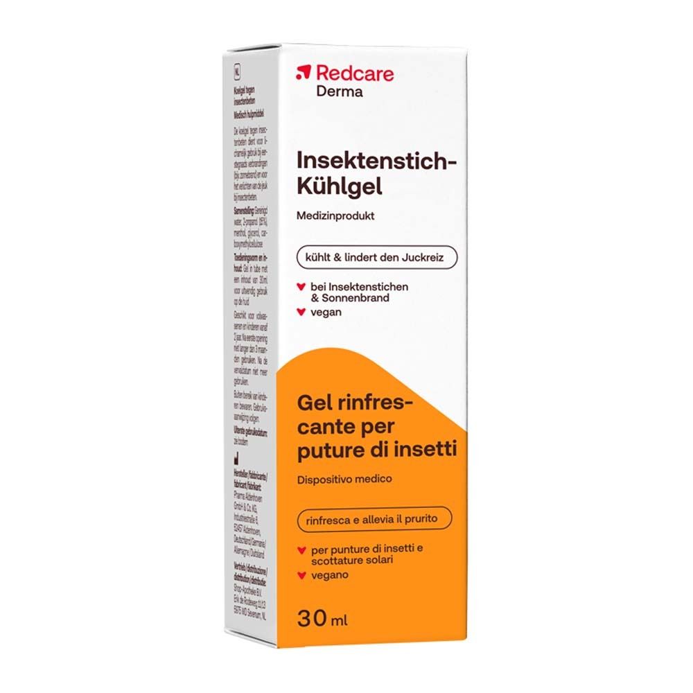 Confezione di gel rinfrescante. Bianco, arancione. Testo: Insektenstich-Kühlgel, 30 ml. Vegan.