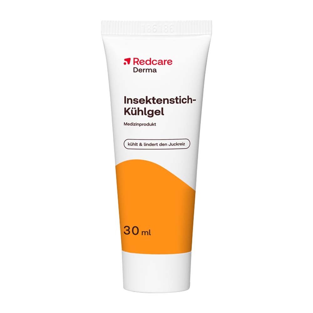 Tubo di gel rinfrescante. Bianco, arancione. Testo: Insektenstich-Kühlgel, 30 ml. Vegan.