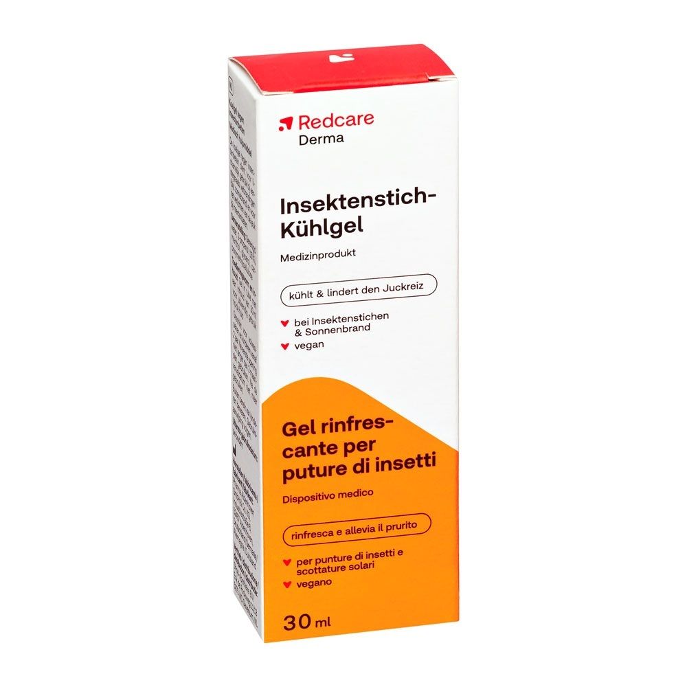 Scatola Redcare Derma Gel Rinfrescante per Punture di Insetti, fronte con nome prodotto e design arancione.