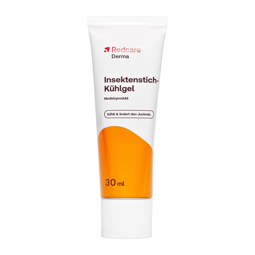 Tubo Redcare Derma Gel Rinfrescante per Punture di Insetti, 30ml, con tappo bianco e accento arancione.