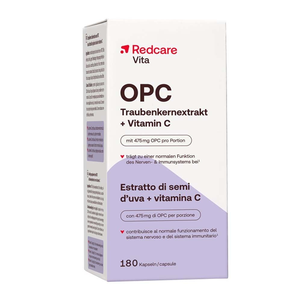 Confezione di capsule. Scritta: Redcare Vita OPC Estratto di semi d'uva + Vitamina C. 180 capsule.