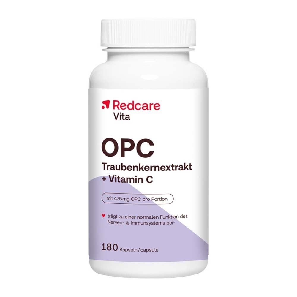 Flacone bianco con capsule. Scritta: Redcare Vita OPC Estratto di semi d'uva + Vitamina C. 180 capsule.