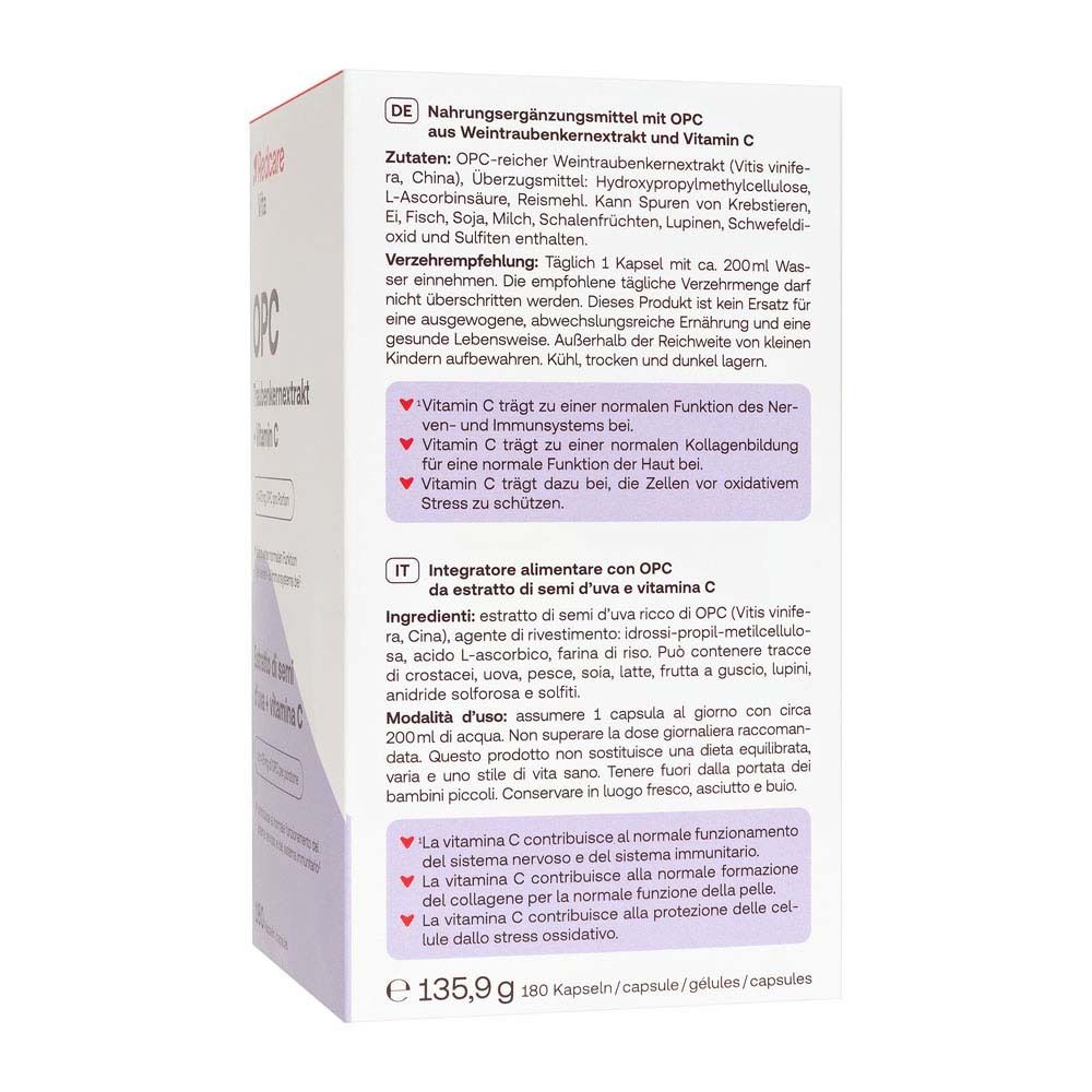 Retro della scatola con informazioni su Redcare Vita OPC + Vitamina C.