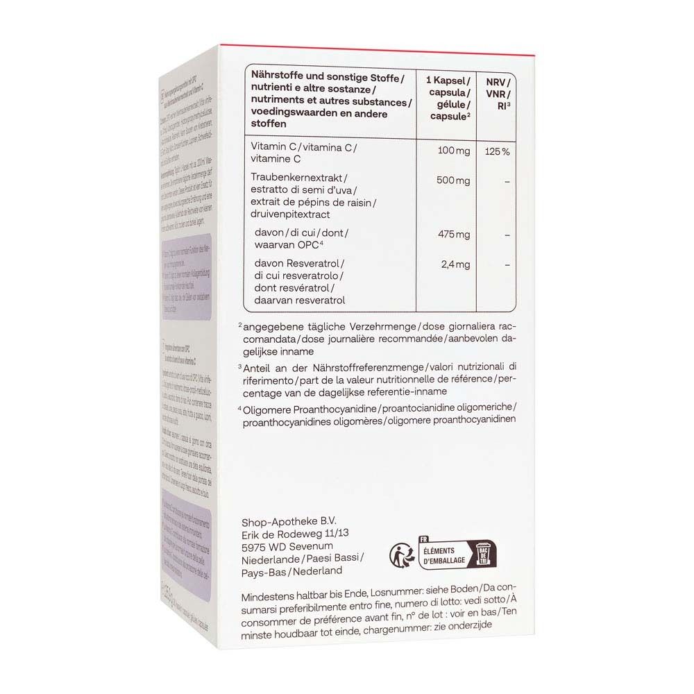 Retro della scatola con informazioni nutrizionali Redcare Vita OPC + Vitamina C.