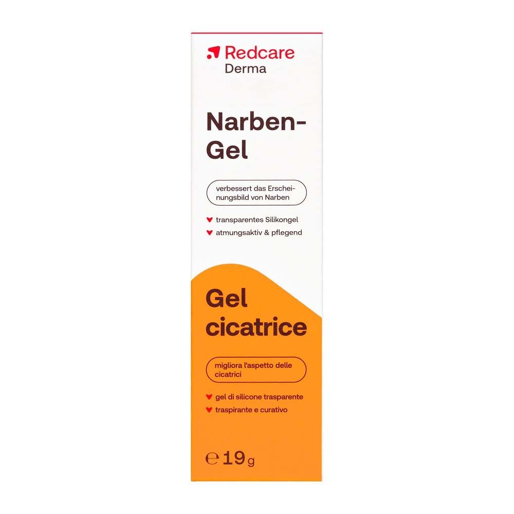 Confezione Redcare Derma Narben-Gel. Confezione bianca con area arancione. 19g.